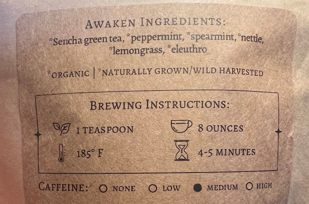 Back label of Awaken tea with ingredients and brewing instructions.