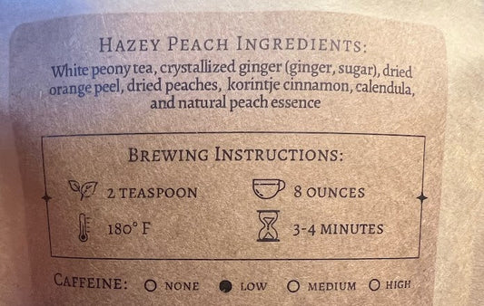 Back label of an herbal tea product with brewing instructions and ingredients.