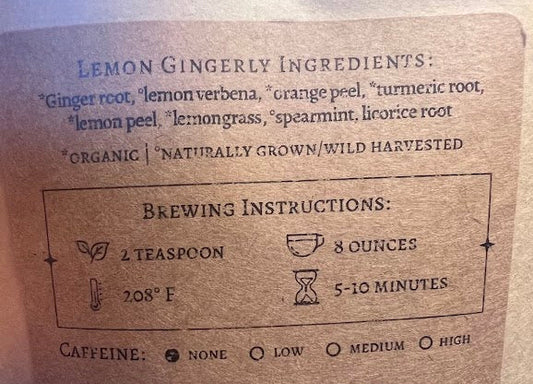 Label of an herbal wellness blend with brewing instructions and ingredients.
