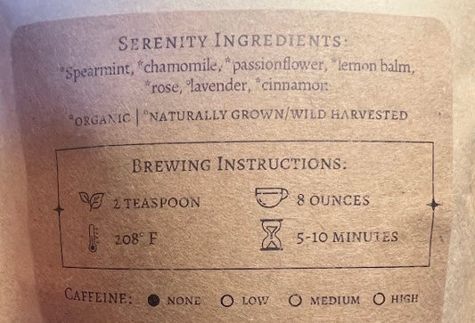 Label of an herbal wellness blend with brewing instructions and ingredients.