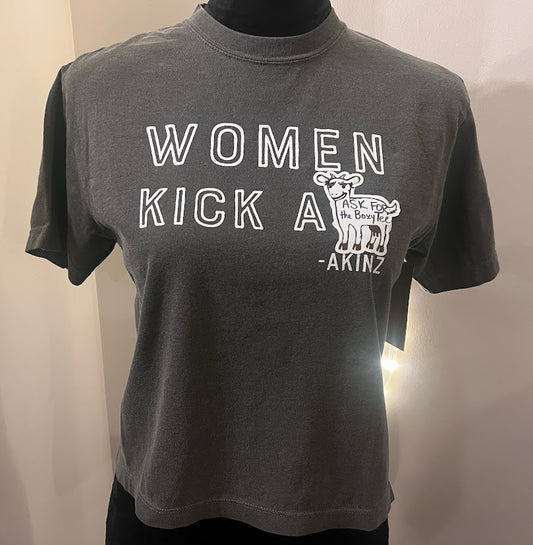 Dark Gray t-shirt with white text and graphic "Women Kick A__"