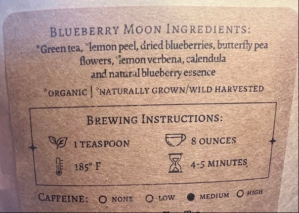 Back of a tea package with brewing instructions and ingredients listed.