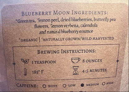 Back of a tea package with brewing instructions and ingredients listed.