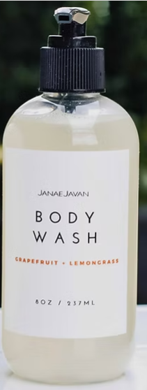 Body Wash Grapefruit Lemongrass in an 8 ounce bottle with a pump handle.
