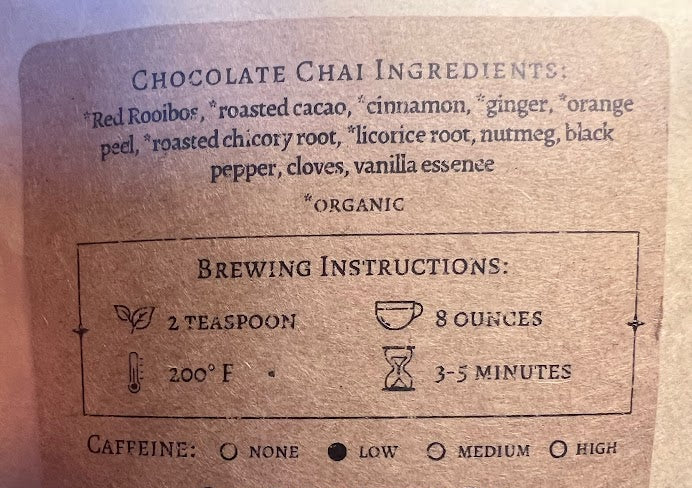 Back label of a chocolate chai product with ingredients and brewing instructions.