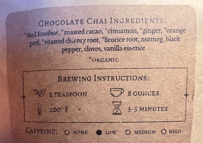 Back label of a chocolate chai product with ingredients and brewing instructions.