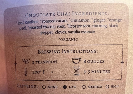 Back label of a chocolate chai product with ingredients and brewing instructions.