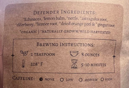 Back label of a herbal tea packaging with ingredients and brewing instructions.