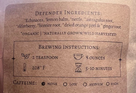 Back label of a herbal tea packaging with ingredients and brewing instructions.