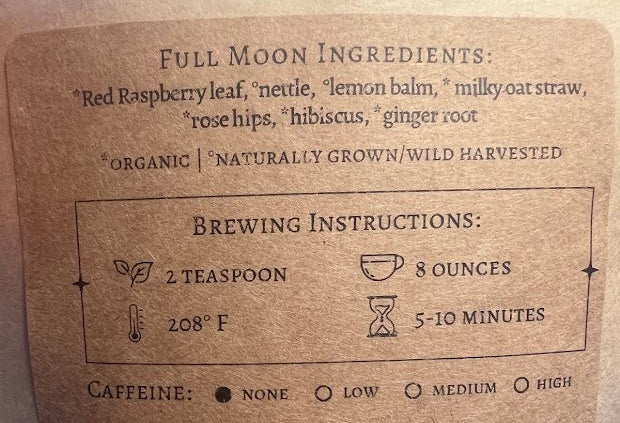 Back label of an herbal wellness blend packaging with ingredients and brewing instructions.