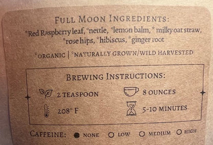 Back label of an herbal wellness blend packaging with ingredients and brewing instructions.