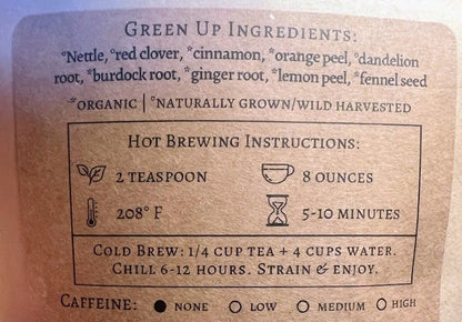 Label of an herbal wellness blend with brewing instructions and product details.