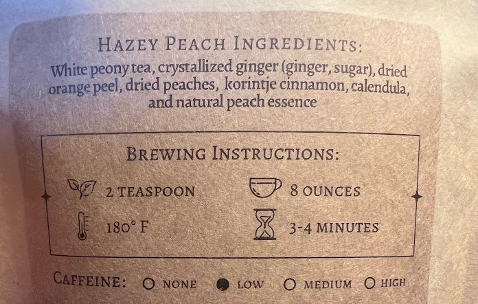 Back label of an herbal tea product with brewing instructions and ingredients.