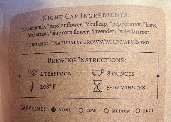 Back label of Night Cap Tea with brewing instructions and ingredients listed.