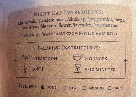 Back label of Night Cap Tea with brewing instructions and ingredients listed.