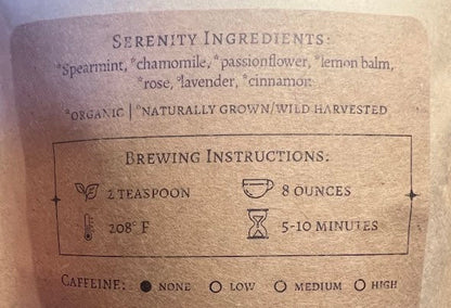 Label of an herbal wellness blend with brewing instructions and ingredients.